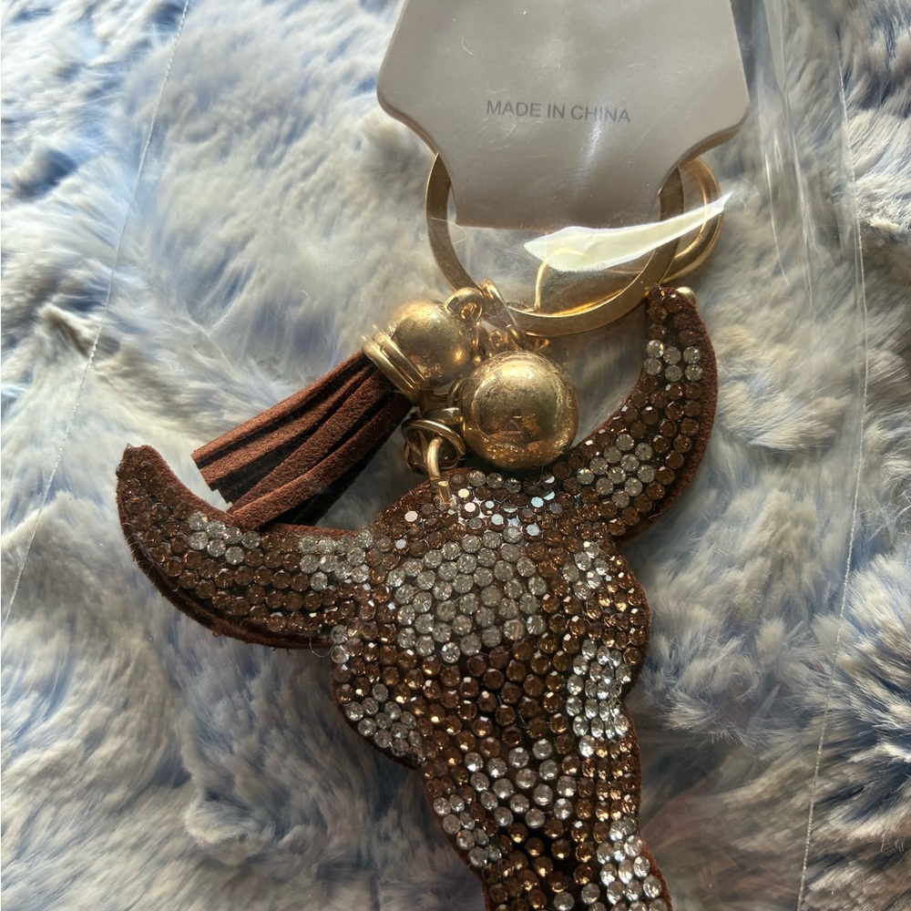 Brown Rhinestone Bull Head Keychain